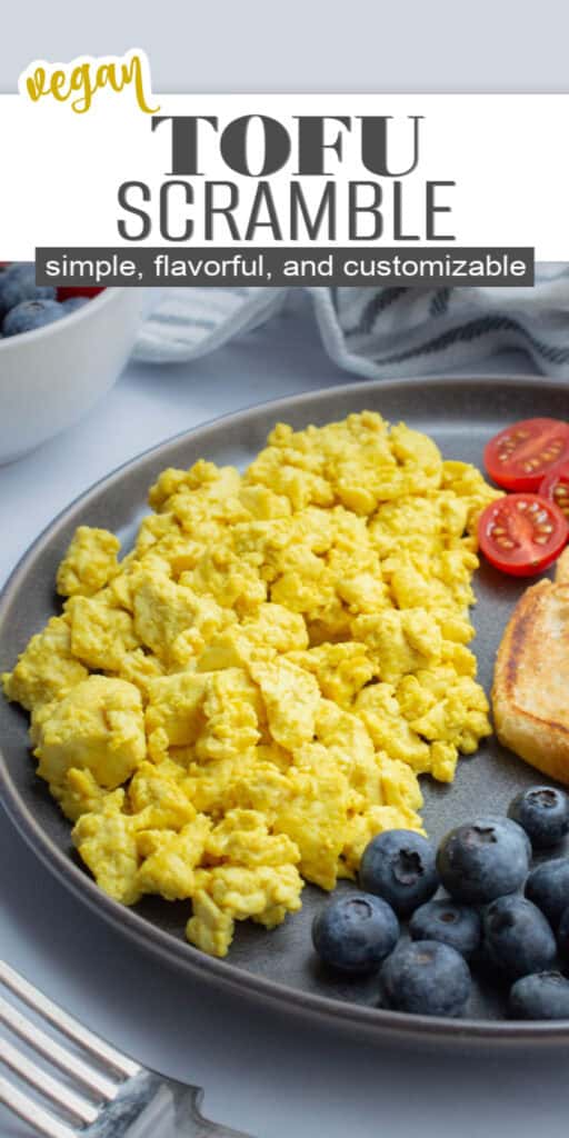 Plate of tofu scramble with a white bar displaying the text "Tofu Scramble".