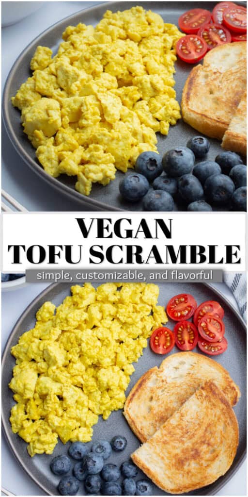 Collage showing a close-up of tofu scramble and a full plate with tofu scramble, blueberries, and cherry tomatoes, with the text "Vegan Tofu Scramble."