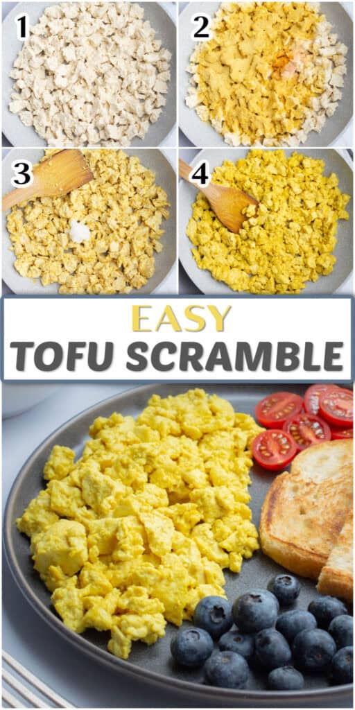 A collage showing a pan with chunks of raw tofu, raw tofu with seasonings, raw tofu mixed with seasonings, cooked tofu scramble, and a close-up of a full plate with tofu scramble, blueberries, and cherry tomatoes, with the text "Easy Tofu Scramble."