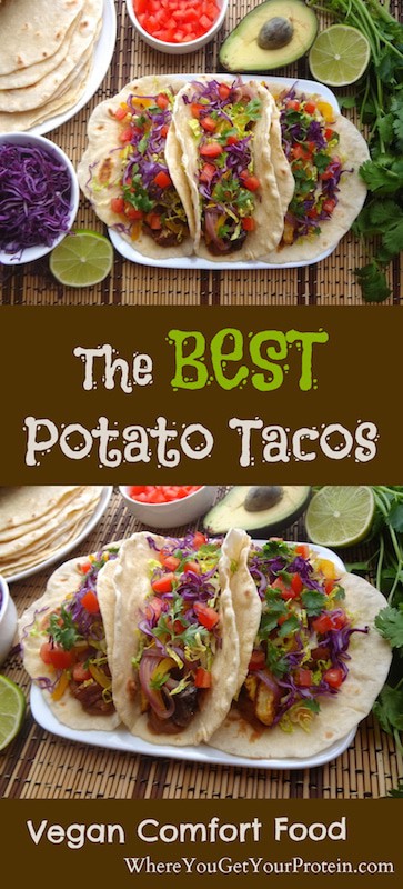 These potato tacos are made with simple ingredients, yet so good you won’t need sauce.  The recipe is adaptable to what you have on hand making them the perfect vegan potato tacos. 