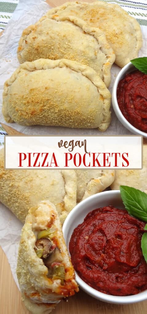 An image of 3 vegan pizza pockets and one broken in half with a small bowl of marinara sauce.