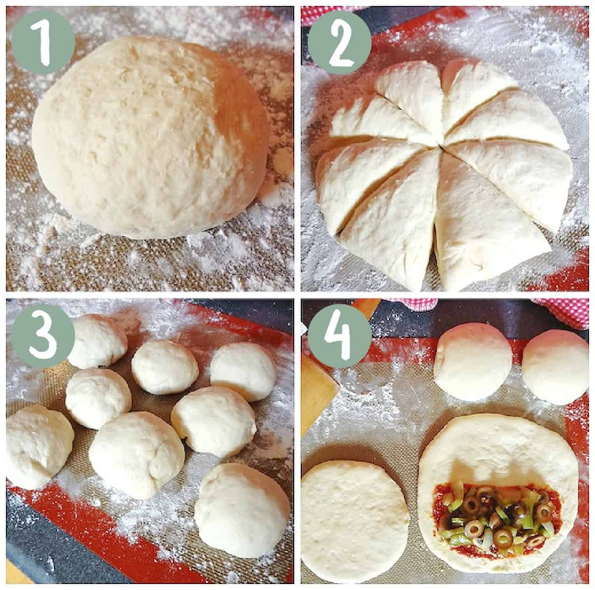 Process steps for filling pizza pockets.