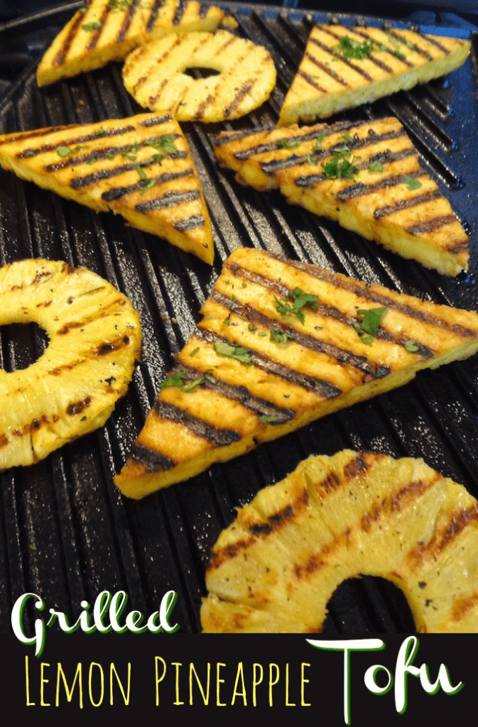 Lemon tofu on the grill with pineapple rings.