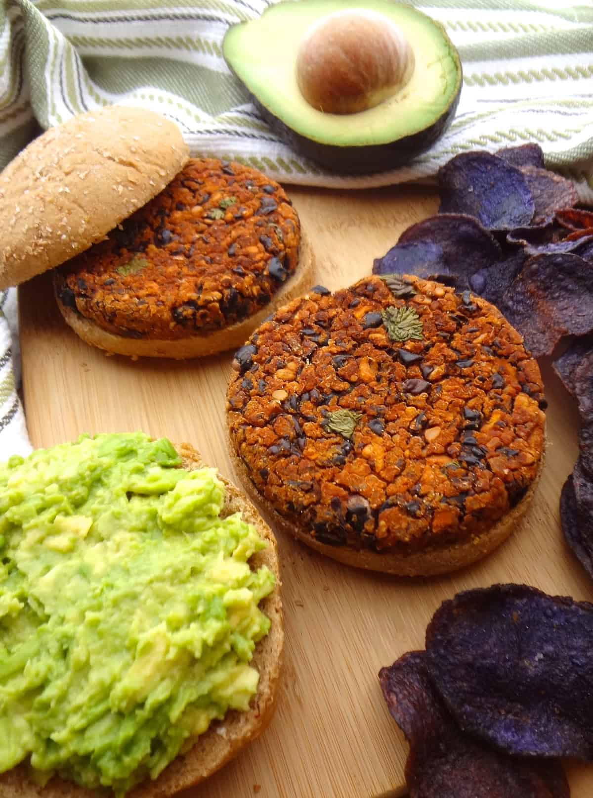 Two black bean burgers.