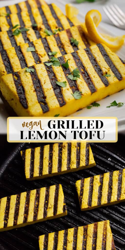 Images of grilled lemon tofu on a serving plate and cooking in a grill pan.