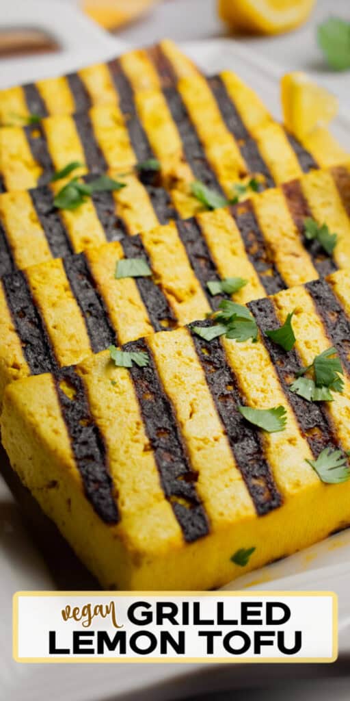 Grilled lemon tofu topped with finely chopped cilantro.