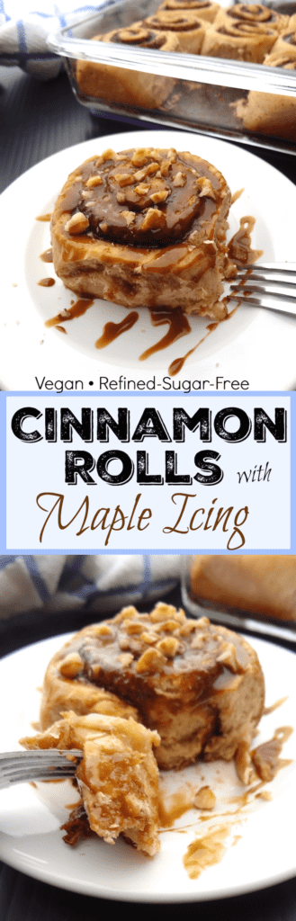 Refined sugar free vegan cinnamon rolls are topped with a rich maple icing.  This homemade treat is soft, fluffy and perfectly sweetened!  Enjoy these decadent, ready in about an hour, cinnamon rolls for breakfast this weekend!  #refinedsugarfree #veganrecipes #veganbreakfast #cinnamonrolls #vegancinnamonrolls