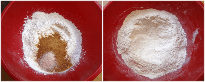 Refined sugar free vegan cinnamon rolls collage of steps for mixing the dry ingredients.
