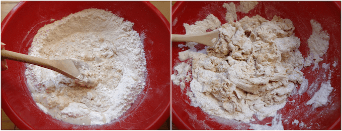 Refined sugar free vegan cinnamon rolls collage of steps for mixing the dough.