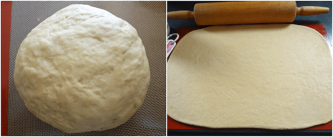 Refined sugar free vegan cinnamon rolls collage of steps rolling out the dough ball.