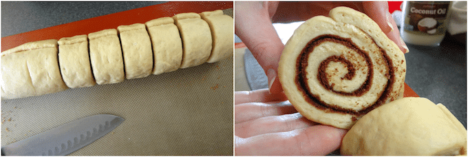 Collage of steps for cutting vegan cinnamon rolls.