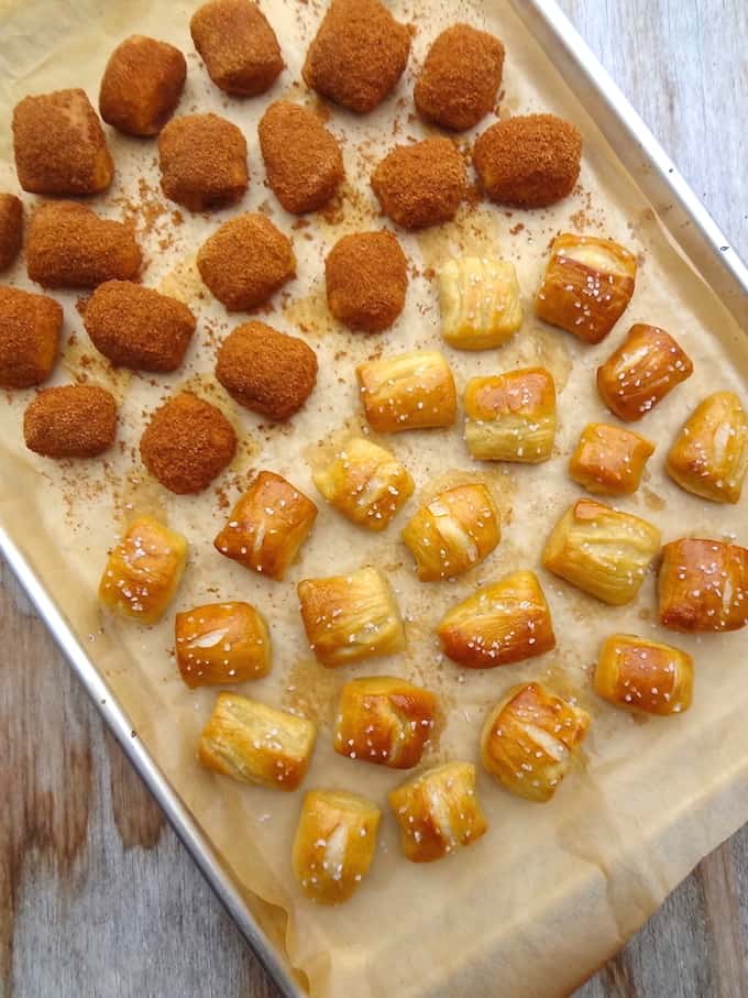 Soft pretzel bites with salty and sweet toppings.