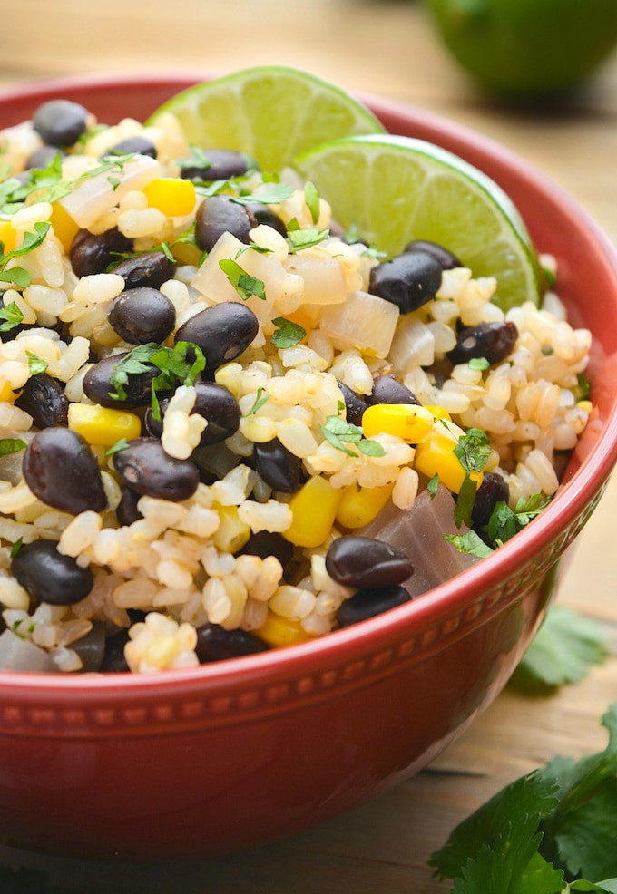 A single serving of black beans and lime rice.