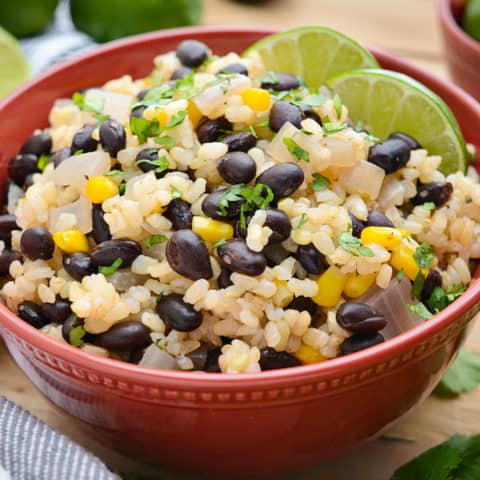 A bowl of black beans and lime rice.