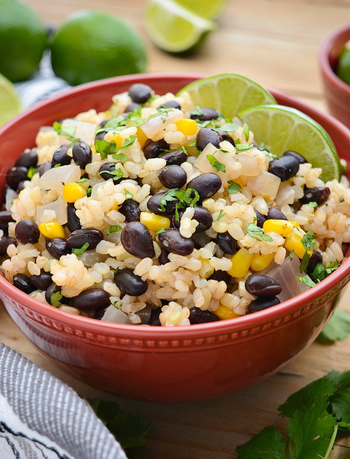 A dinner bowl of black beans and lime rice.