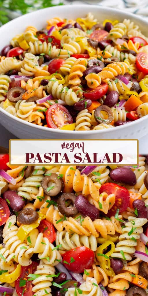 Vegan pasta salad in a bowl and a close-up of the pasta mixed with fresh veggies and kidney beans.