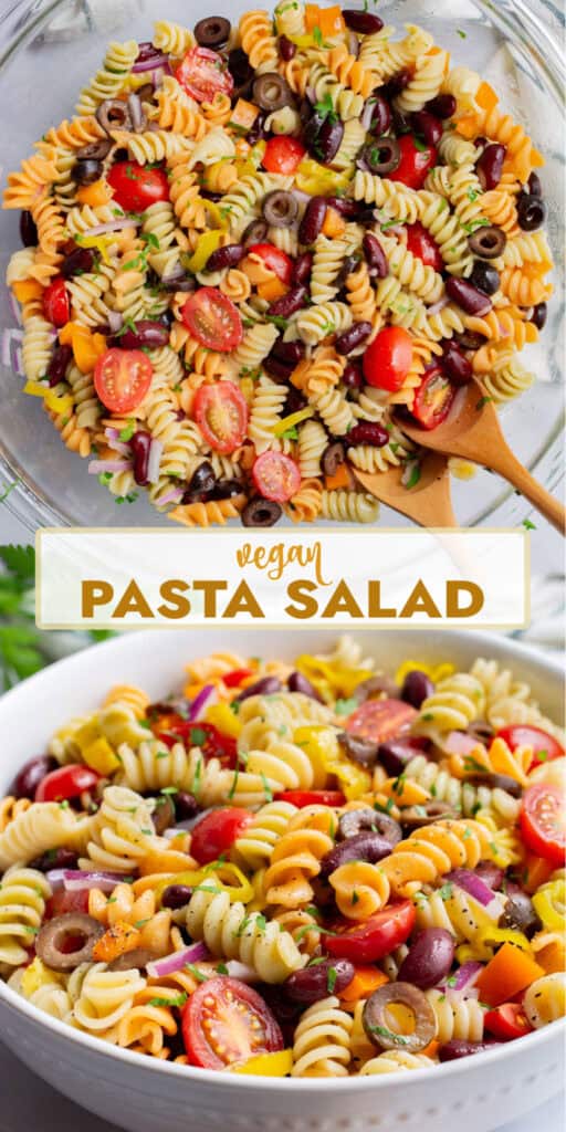 2 images of pasta salad with veggies and beans.