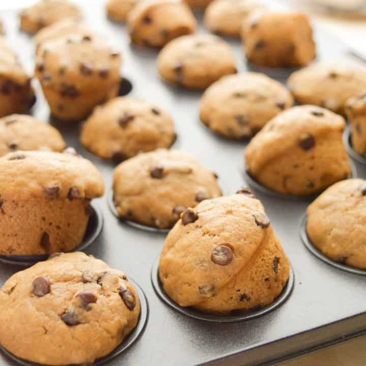 Ready in 20 minutes, these vegan Chocolate Chip Mini Muffins will be a new go-to, pop-able treat! Bursting with chocolate chip cookie flavor, these soft mini muffins are sure to be a hit! They’re great for lunch boxes or as a fun, after school snack. (vegan, dairy-free, egg-free)