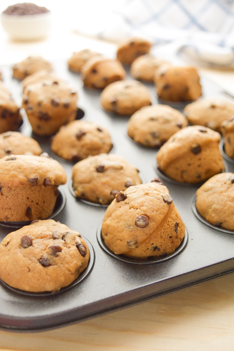 Vegan Chocolate Chip Muffins in a mini muffin pan.