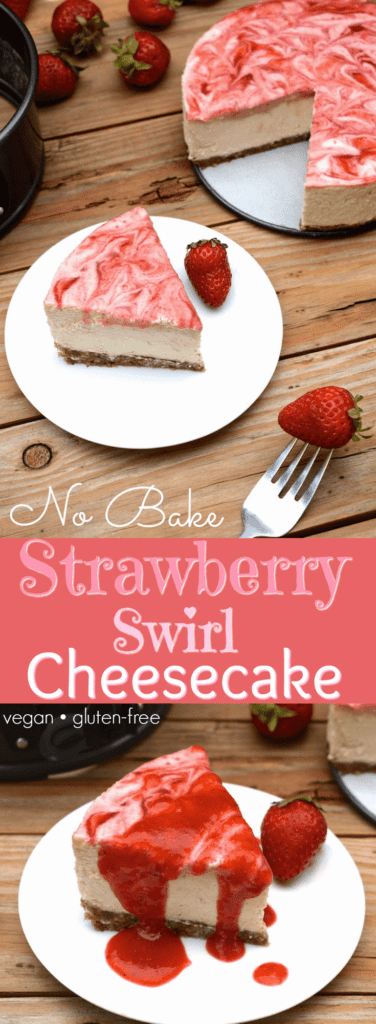 Strawberry swirl cheesecake on a white plate with writing for Pinterest.