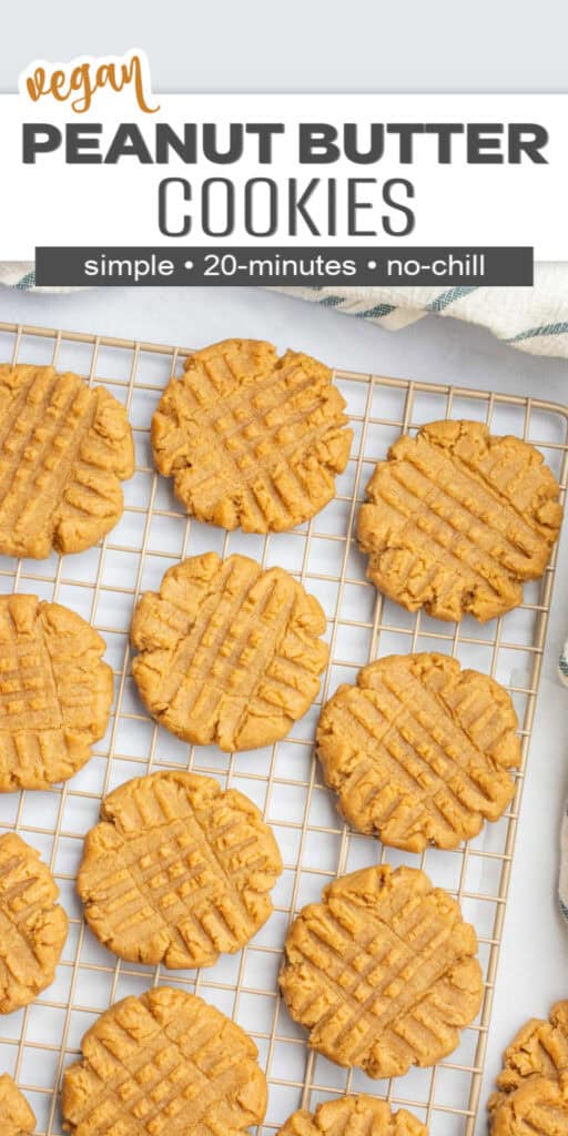 Peanut butter cookies on a cool rack with the text "vegan peanut butter cookies."