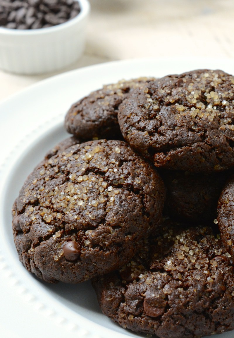 Vegan Double Chocolate Brownie Cookies are a decadent brownie crammed into a cookie then loaded with chocolate chips. These egg-free, dairy-free cookies are the perfect treat with a crackled top.