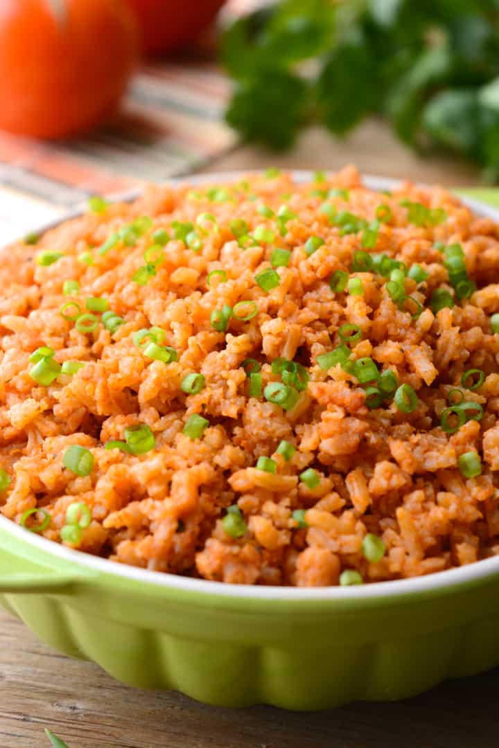 Easy Instant pot spanish rice in a green serving bowl