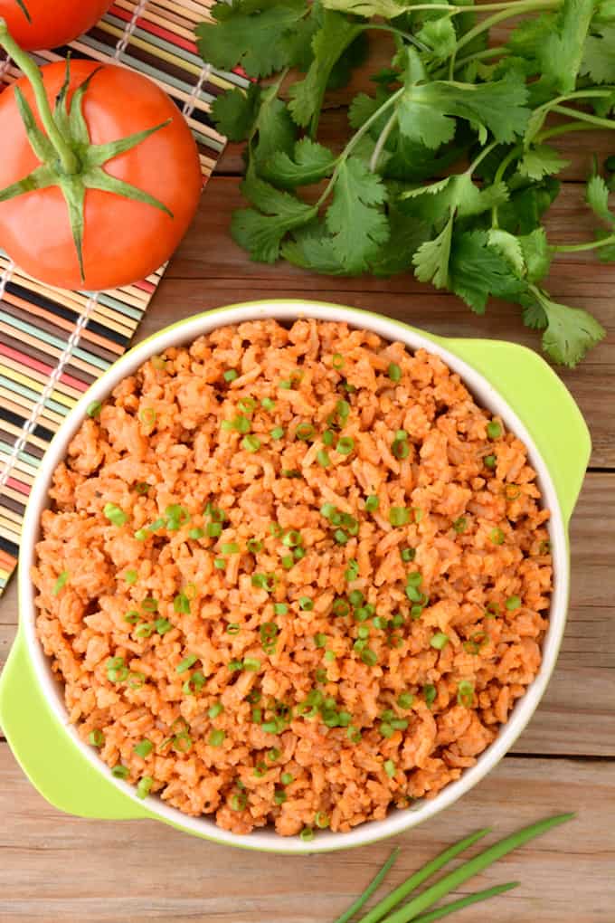 Easy instant pot spanish rice topped with chives