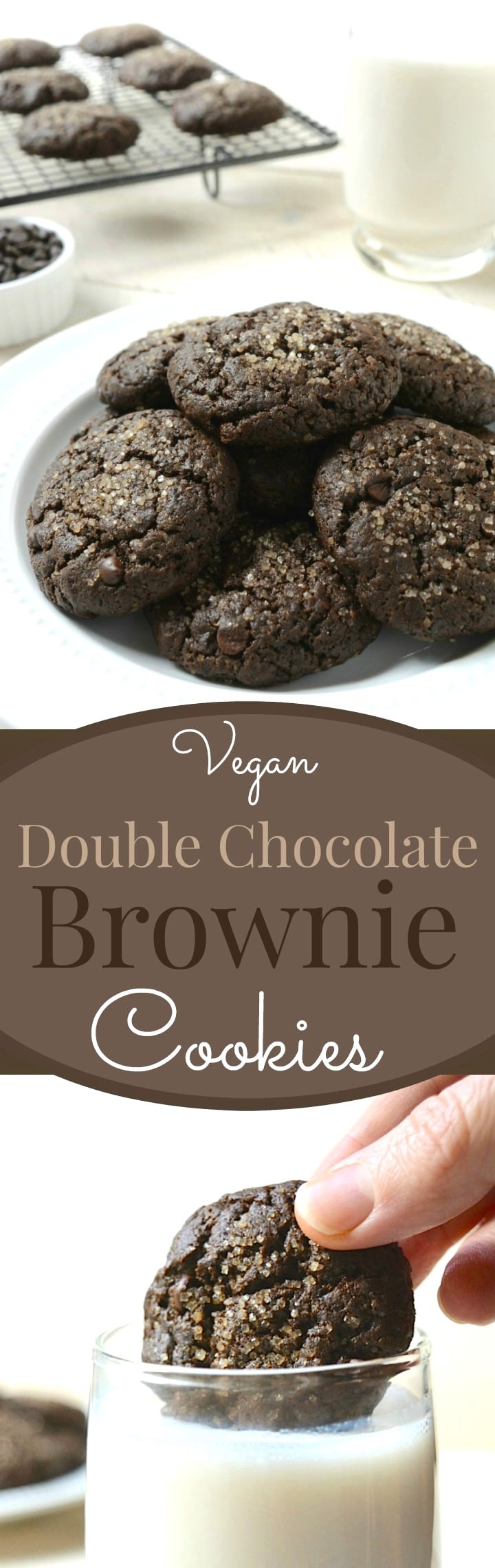 Vegan Double Chocolate Brownie Cookies are a decadent brownie crammed into a cookie then loaded with chocolate chips. They are egg-free, dairy-free and made with 8 simple ingredients you probably have on hand!