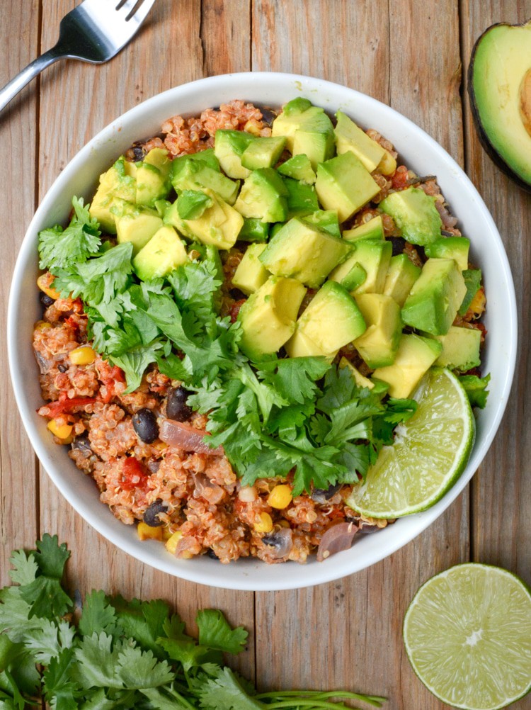 Instant Pot Mexican quinoa bowl top angle.