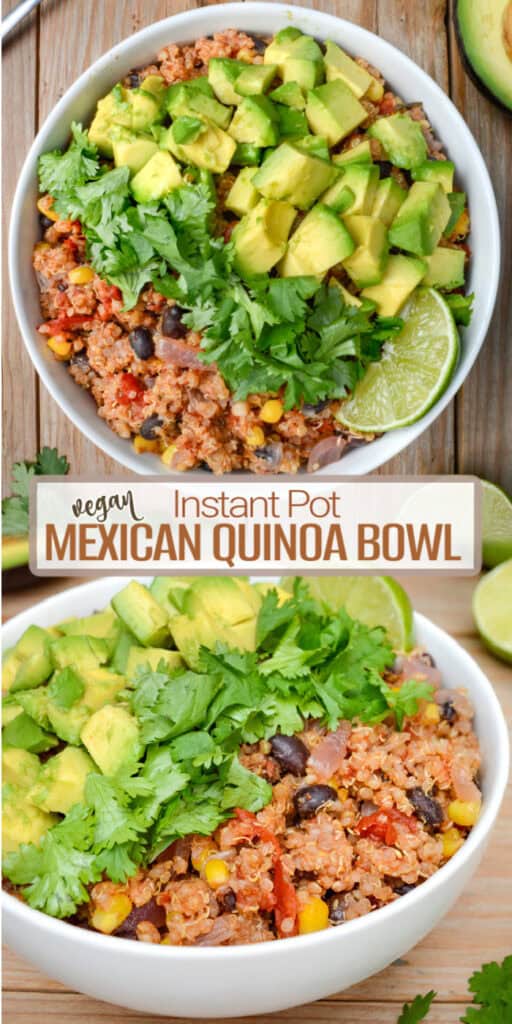 Quinoa with tomatoes, black beans, and corn topped with fresh cilantro, diced avocado, and a lime wedge.