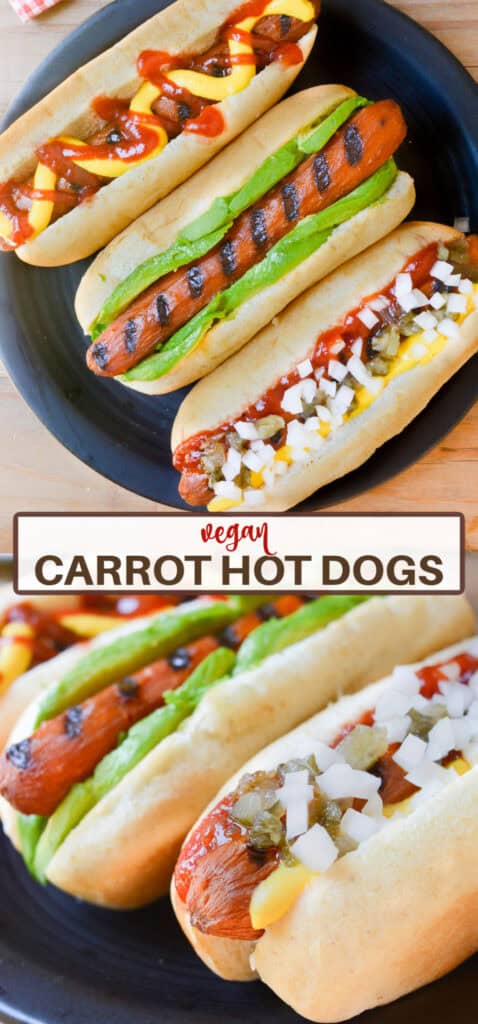 Carrot hot dogs with toppings.