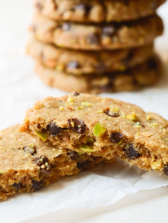 Vegan Pistachio Chocolate Chip Cookies are loaded with salty pistachios and mini chocolate chips. The sweet/salty combo makes them an ideal baked treat! They’re egg-free, dairy-free and even refined-sugar-free!