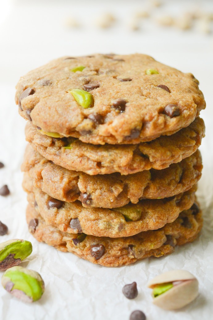 Vegan Pistachio Chocolate Chip Cookies are loaded with salty pistachios and mini chocolate chips. The sweet/salty combo makes them an ideal baked treat! They’re egg-free, dairy-free and even refined-sugar-free!