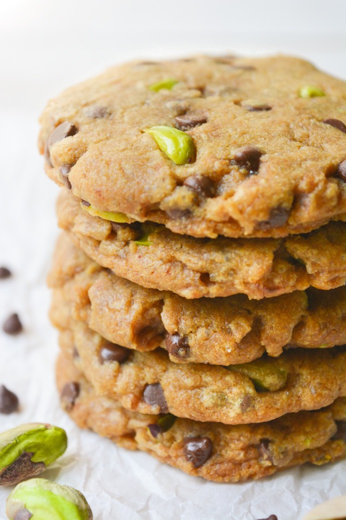 Vegan Pistachio Chocolate Chip Cookies are loaded with salty pistachios and mini chocolate chips. The sweet/salty combo makes them an ideal baked treat! They’re egg-free, dairy-free and even refined-sugar-free!