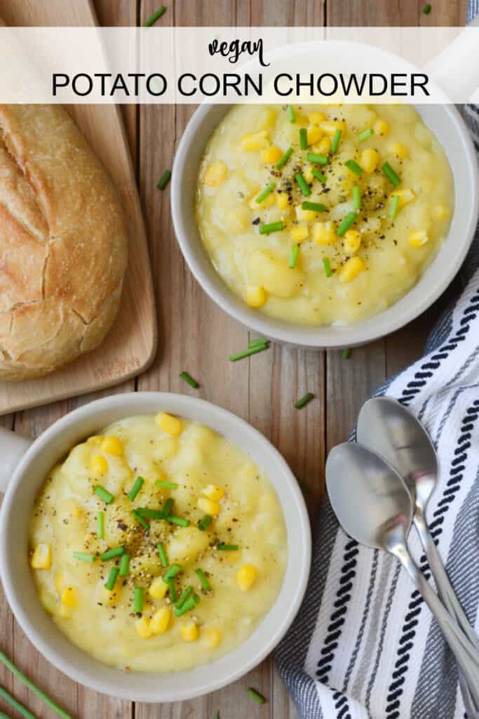 Two bowls of vegan potato corn chowder.