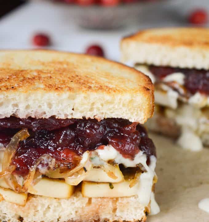Vegan Holiday Sandwich- herb tofu, caramelized onions, savory herb dressing and cranberry sauce on toasted sourdough bread.