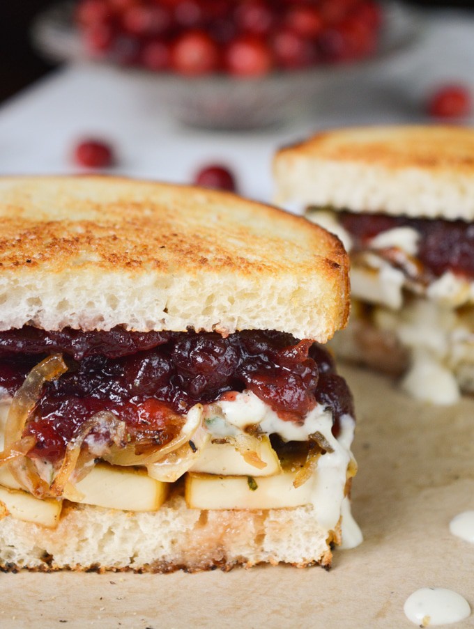 Vegan Holiday Sandwich- herb tofu, caramelized onions, savory herb dressing and cranberry sauce on toasted sourdough bread.