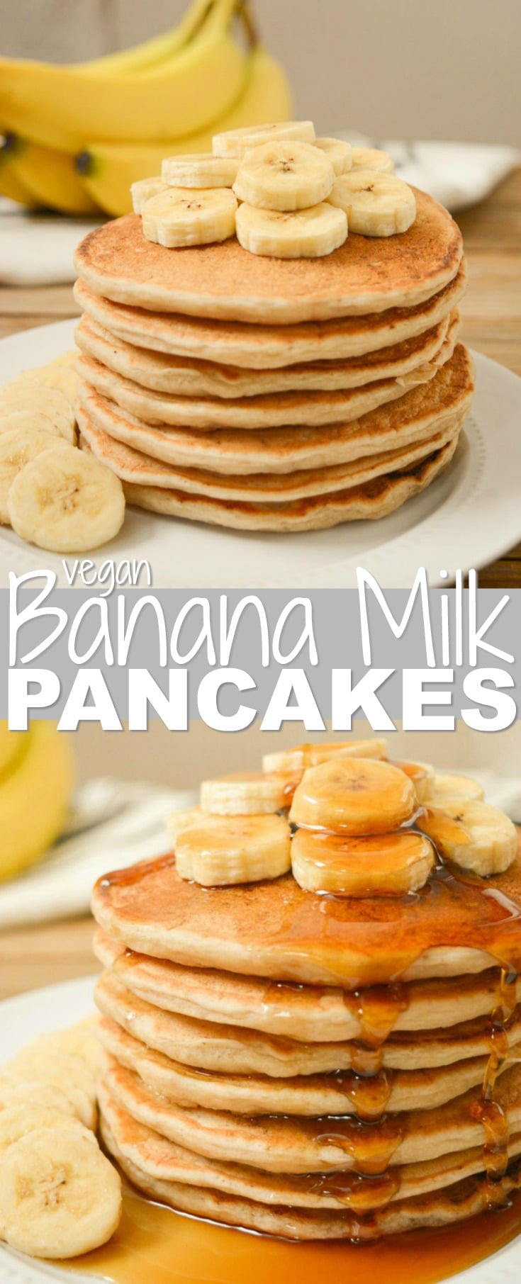 Vegan Banana Milk Pancakes are an allergy-friendly, egg-free, dairy-free and nut-free breakfast!  Sweet, ripe bananas and coconut sugar keep these pancakes refined-sugar-free as well!  Top your banana-filled pancake stack with extra banana slices and a good covering of maple syrup for an easy weekend brunch!  