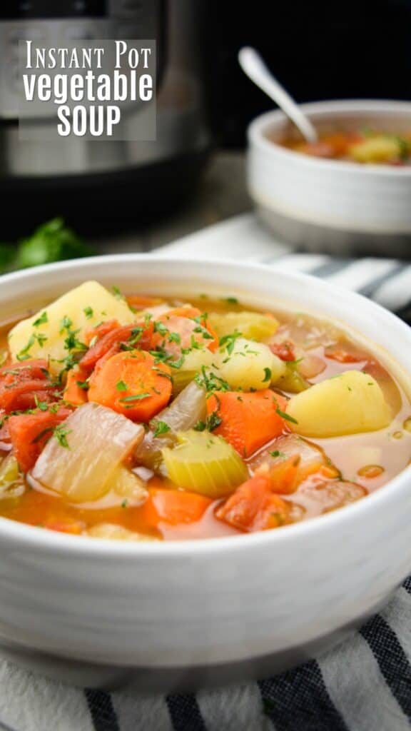 Vegetable soup in a white bowl with an Instant Pot in the background.