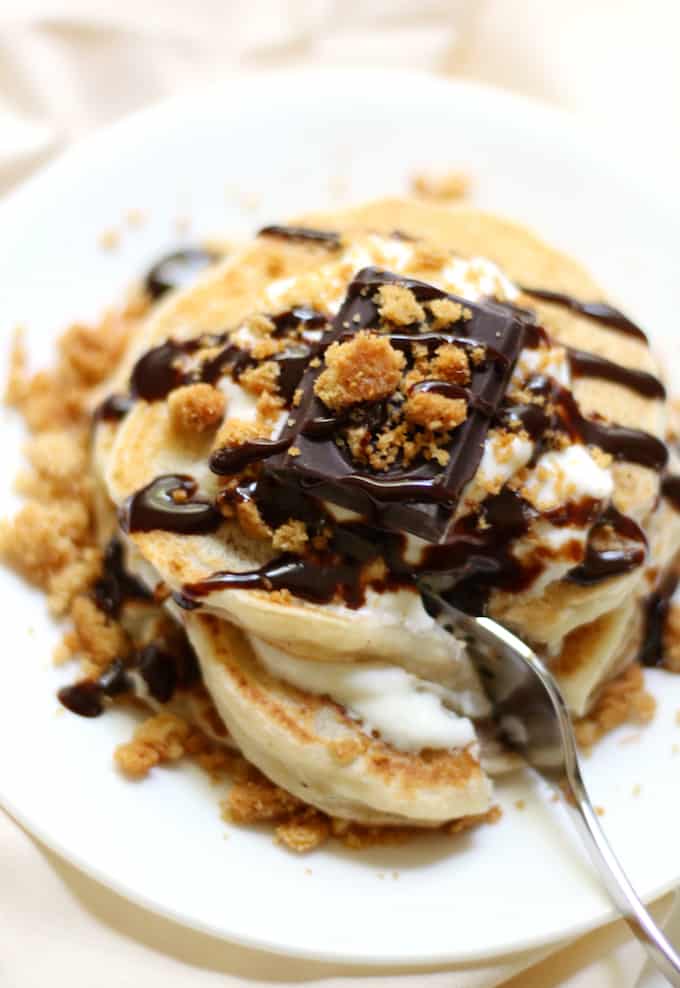Smores Pancakes topped with chocolate