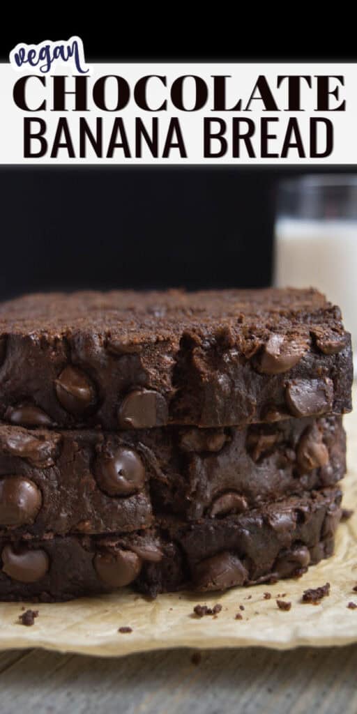 Three slices of vegan chocolate banana bread with a glass of almond milk.