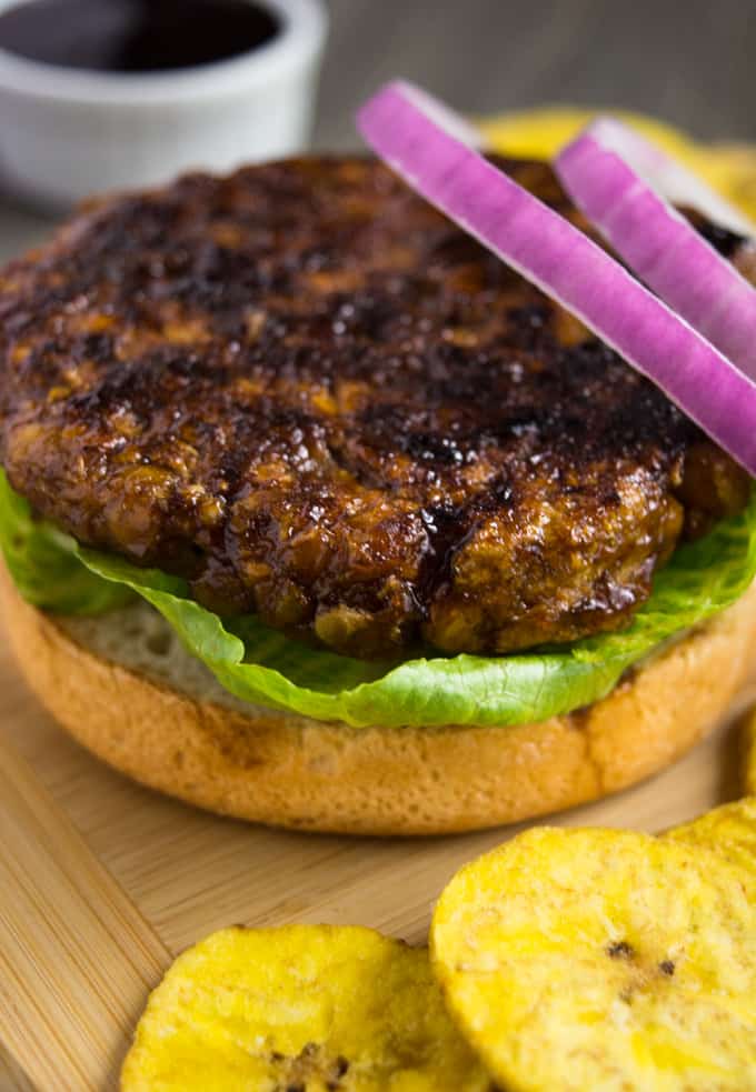 A close up of the grilled huli-huli vegan burger.