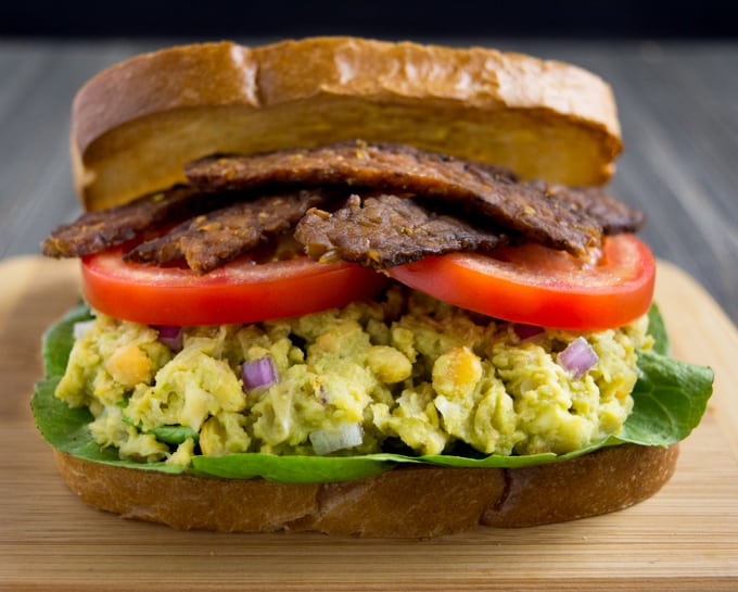 Avocado Chickpea BLT Sandwich close up.