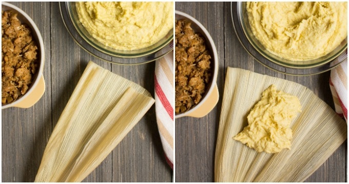 Collage of steps to spread the masa for vegan tamales.