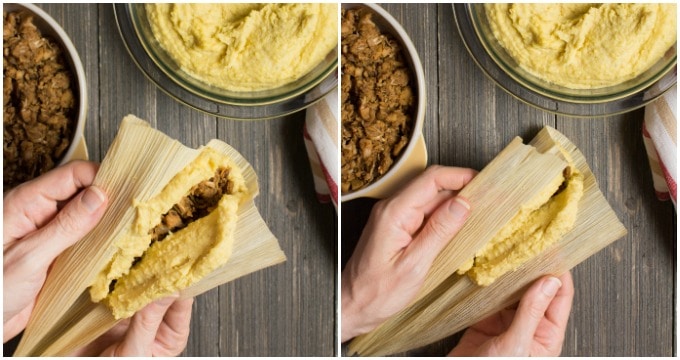 Collage of steps to closing the vegan tamales.