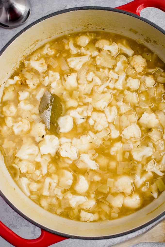 Vegan cauliflower leek soup after cooking the vegetables.
