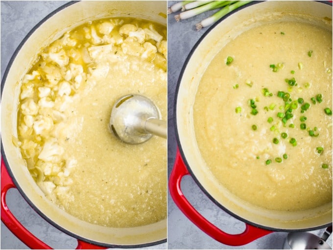 vegan cauliflower leek soup collage in the pot being blended and after blending.