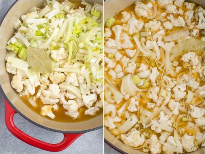 vegan cauliflower leek soup prepared vegetables in the pot.