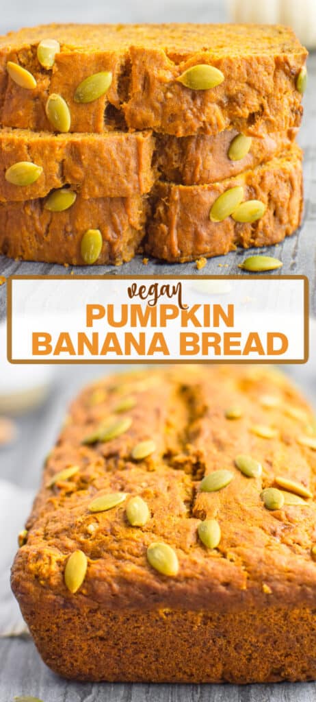 A collage of 3 slices of pumpkin banana bread and a loaf of pumpkin banana bread.